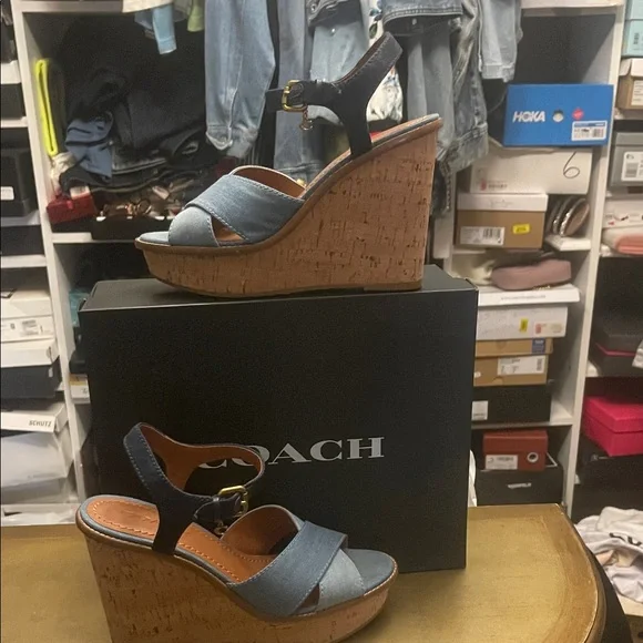 Coach Denim and Tan Cork Wedges - Picture 3 of 8